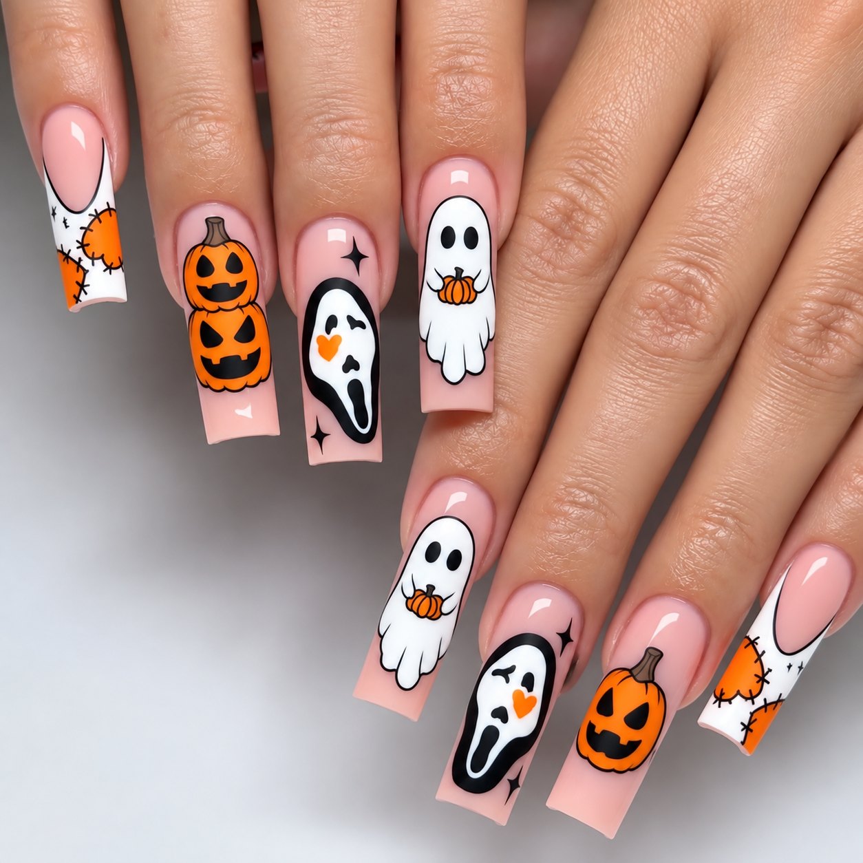 Halloween nails with pumpkins & ghosts